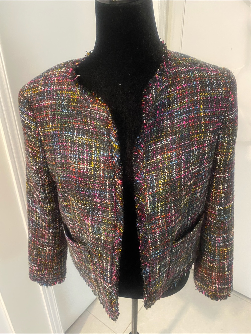 H&M Black Multicolor Chanel style Tweed-like Open-Front fringe Blazer Size 10